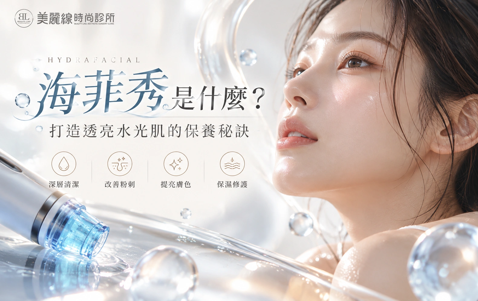 海菲秀HydraFacial療程介紹首圖，呈現透亮肌膚、水感保養與深層清潔概念